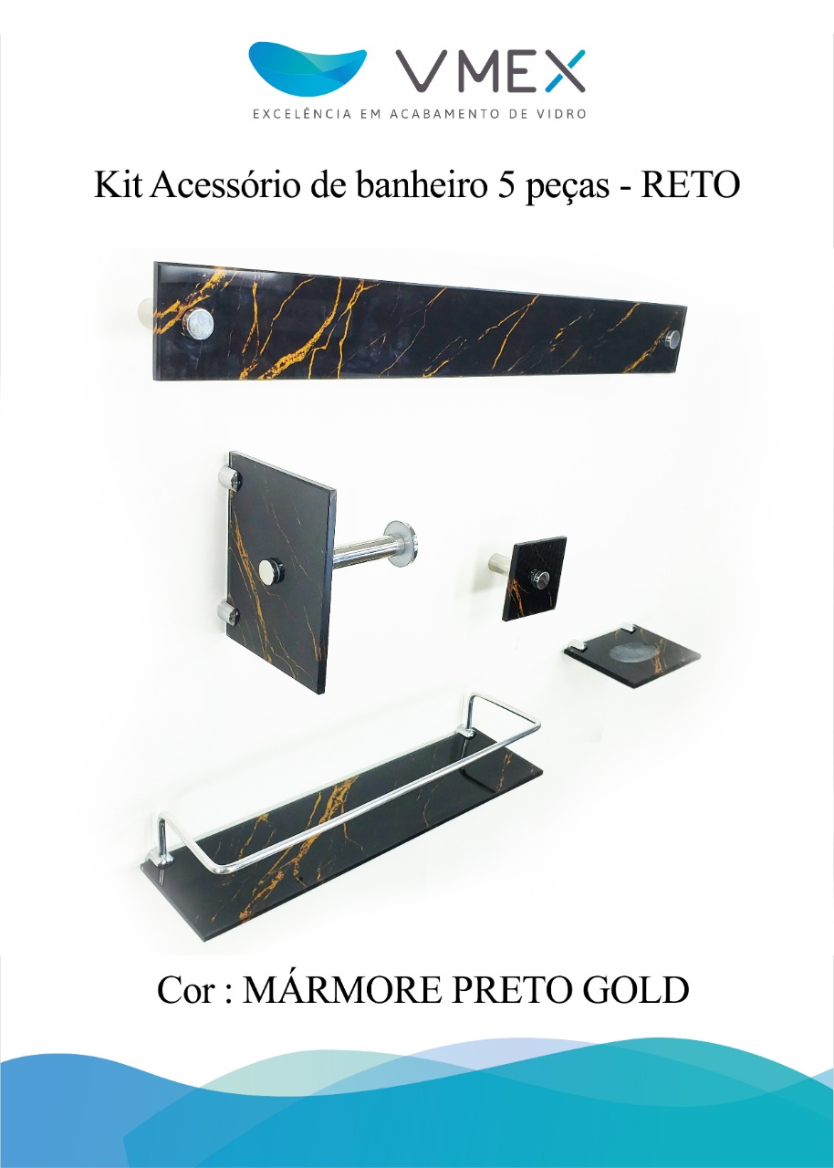 KIT BANHEIRO 5 PEÇAS VIDRO RETO MARMORE PRETO GOLD - VMEX