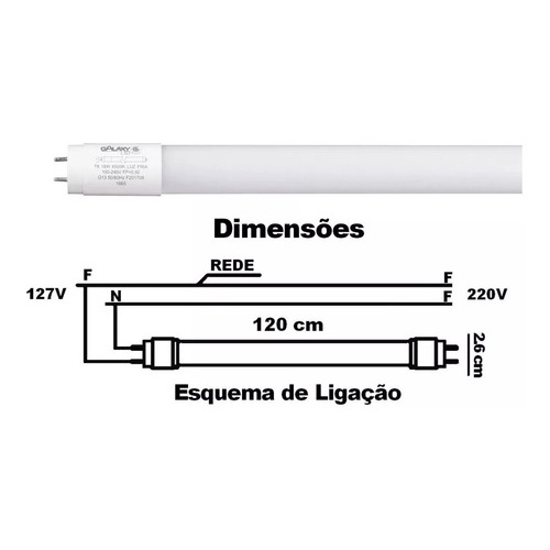 LAMPADA TUBULAR T8 18W 3000K LUZ AMARELA  G13 BIVOLT - GALAXY