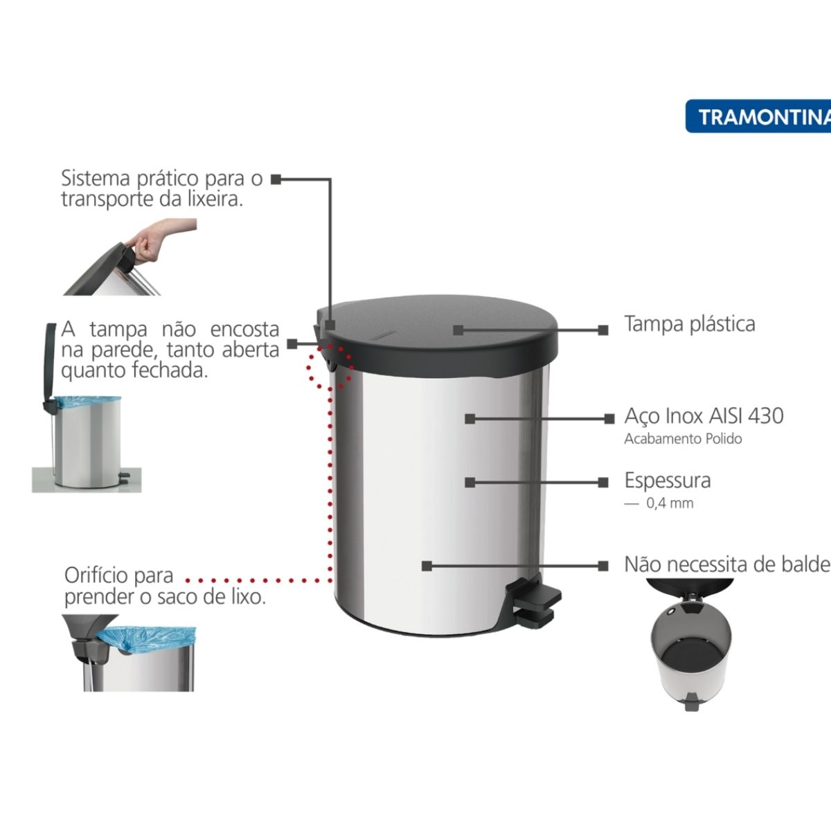Lixeira New Aco Inox c/ Pedal e Tampa Plastica - Tramontina